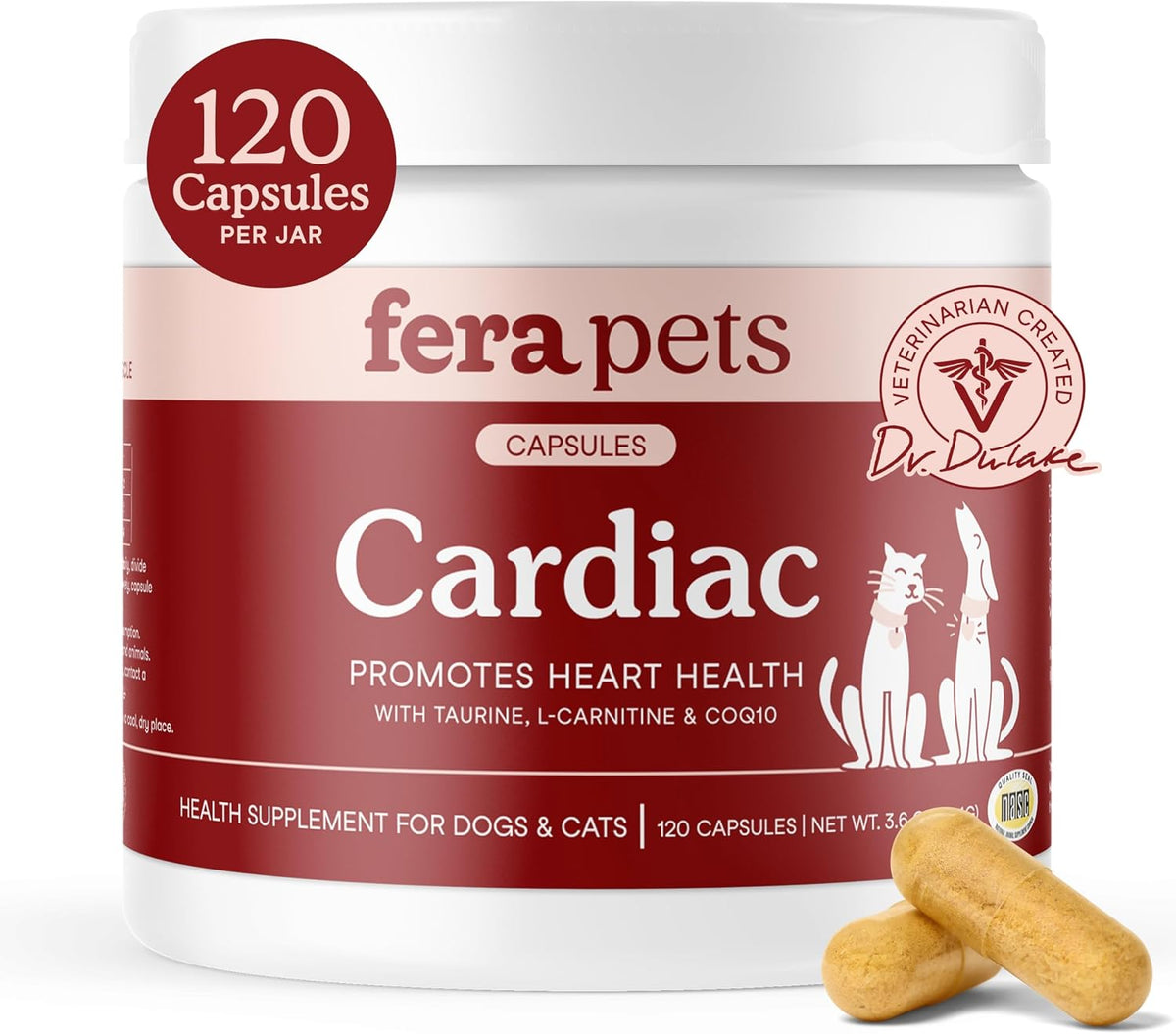 Fera Pets Cardiac Support Heart Supplement for Dogs & Cats with Taurine, L-Carnitine, CoQ10 - 120 Capsules - görsel 1