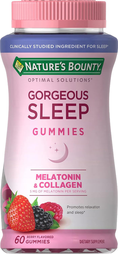 Nature's Bounty Optimal Solutions Gorgeous Sleep Melatonin 5mg Gummies with Collagen, 60 Count