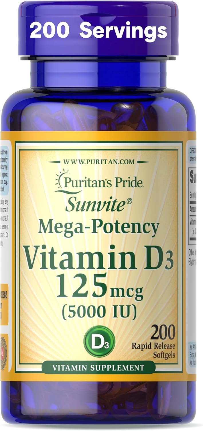 Puritan's Pride Premium Sunvite™ Mega-Potency Vitamin D3 5,000 IU, 200 Rapid Release Softgels - görsel 1
