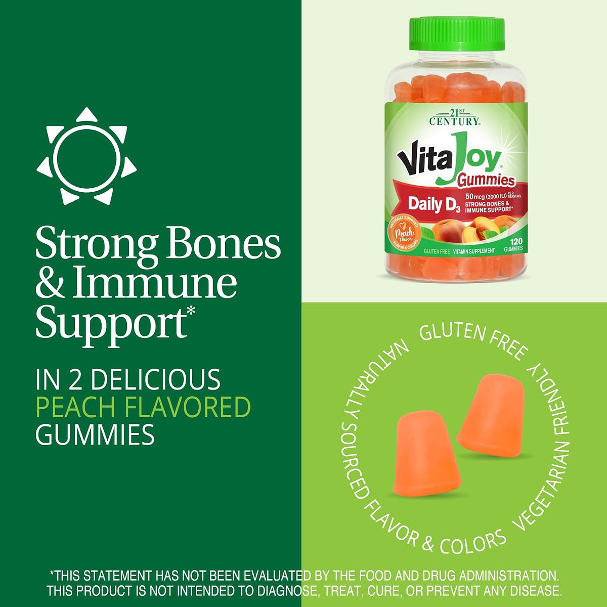 21st Century VitaJoy Daily Vitamin D3 50 mcg (2,000 IU) Gummies, Peach, 120 Gummies - görsel 2