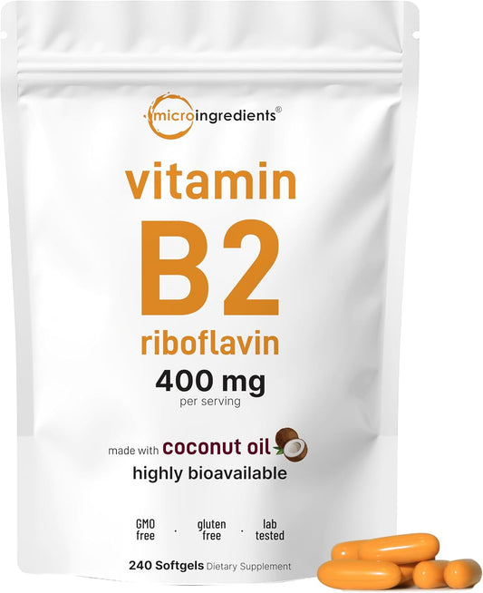 Vitamin B2, Riboflavin 400mg | 240 Soft gel capsules with Coconut Oil