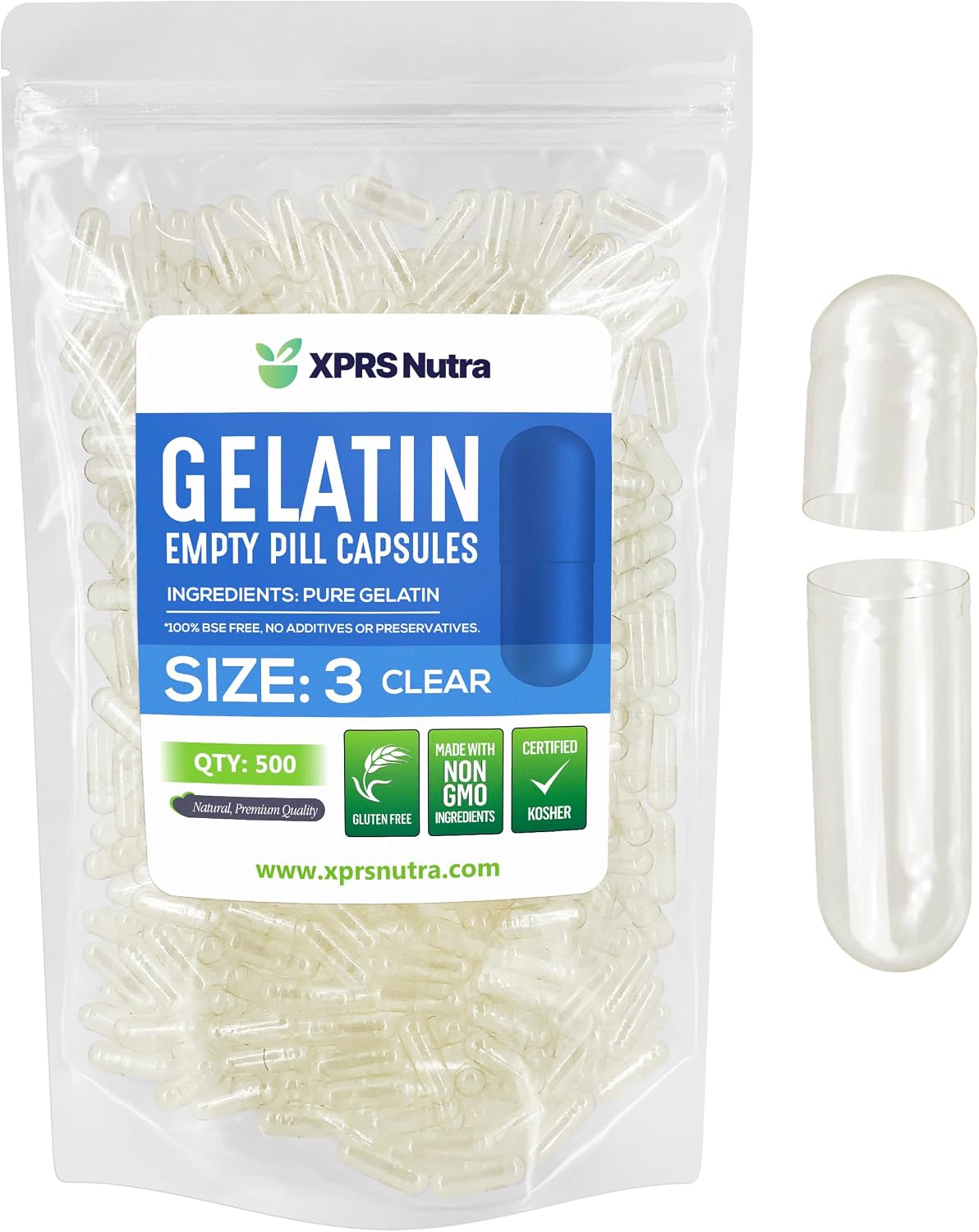 XPRS Nutra Size 3 Empty Gelatine Capsules - 500 Clear Capsules for DIY Supplement Filling - görsel 1