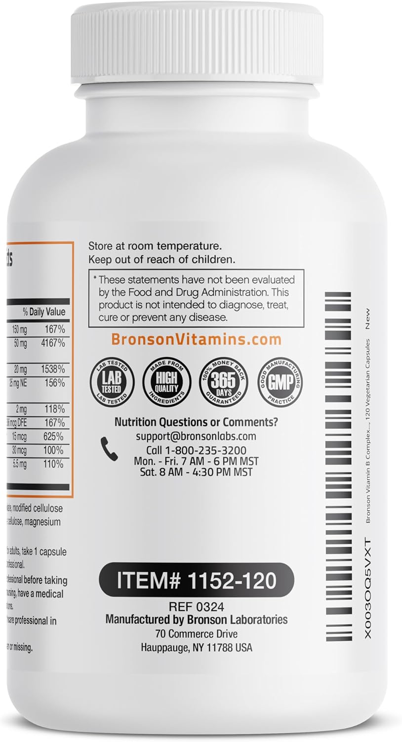Bronson Vitamin B Complex with Vitamin C, 120 Vegetarian Capsules - görsel 7