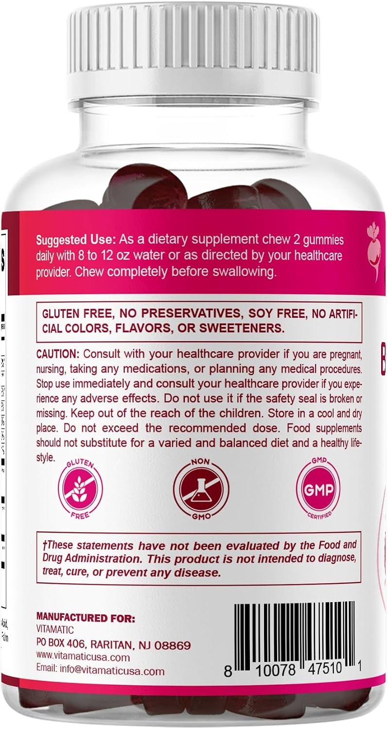 Vitamatic Beetroot Gummies with B6, B12, Grape Seed, Pomegranate & Nicotinamide - Vegan, Non-GMO, 60 Gummies - görsel 8