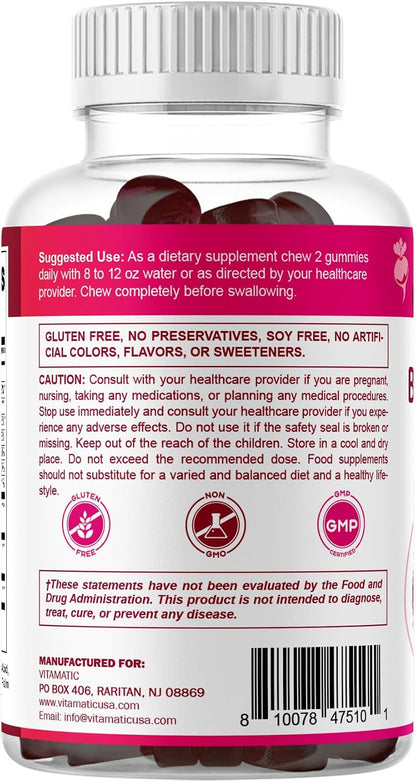 Vitamatic Beetroot Gummies with B6, B12, Grape Seed, Pomegranate & Nicotinamide - Vegan, Non-GMO, 60 Gummies