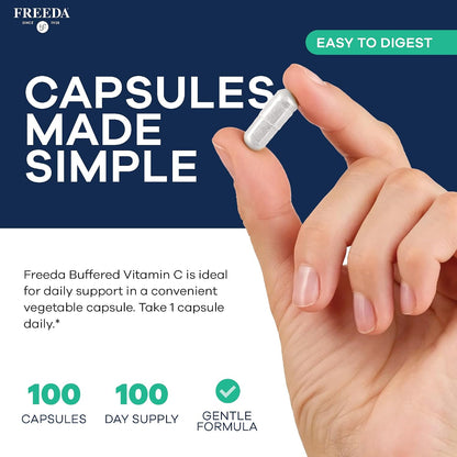 FREEDA Buffered Vitamin C 500mg – Non-Acidic Calcium Ascorbate – Immune Support & Antioxidant – Kosher, Gentle on Stomach – 100 Capsules