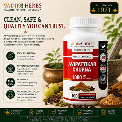 Vadik Herbs Avipattikar Churna, Amla Capsules with Pippali & Ginger, 100 Capsules