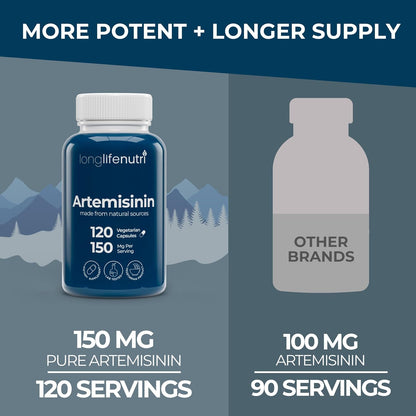 LongLifeNutri Artemisinin 150mg - Organic Sweet Wormwood Food Supplement, 120 Vegetarian Capsules