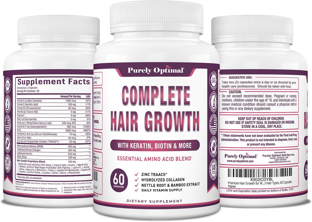 Purely Optimum Hair Growth Vitamins – Biotin, Collagen, Keratin – 60 Capsules - görsel 8