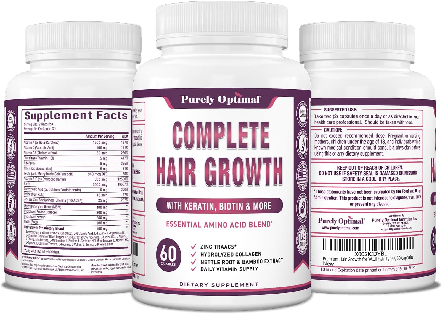 Purely Optimum Hair Growth Vitamins – Biotin, Collagen, Keratin – 60 Capsules - görsel 8