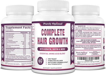 Purely Optimum Hair Growth Vitamins – Biotin, Collagen, Keratin – 60 Capsules