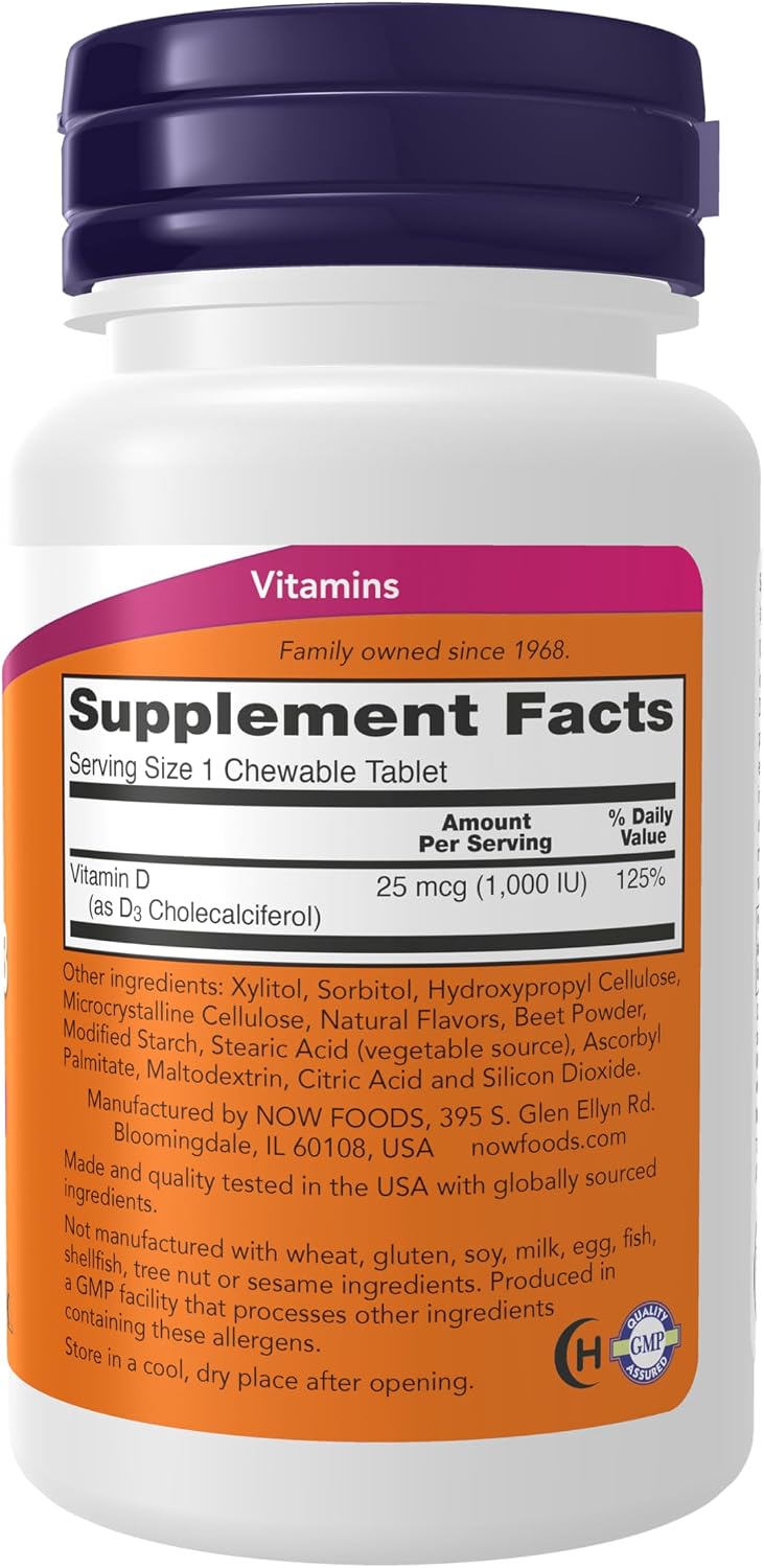 NOW Foods Supplements, Vitamin D-3 1,000 IU, Natural Fruit Flavour, Structural Support*, 180 Chewables - görsel 2