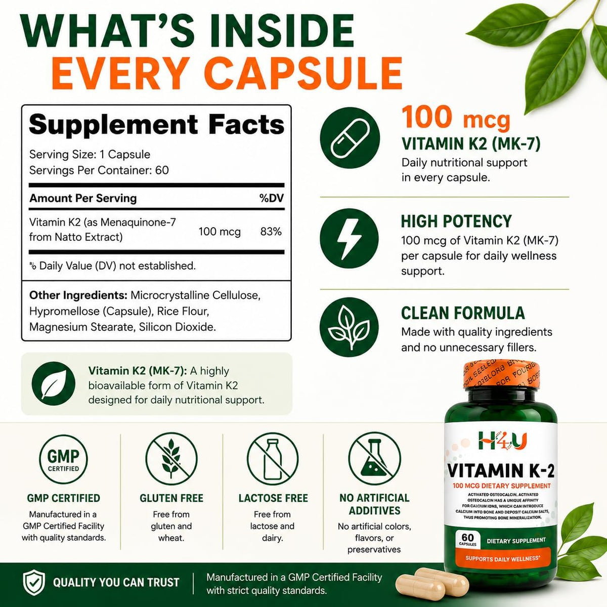 H4U Vitamin K2 MK-7 100 mcg – 60 Veggie Capsules – Supports Bone & Heart Health - görsel 4