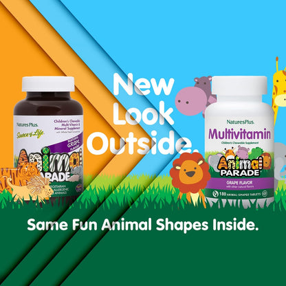 NaturesPlus Animal Parade Children's Chewable Multivitamin, Grape Flavour, 180 Animal-Shaped Tablets