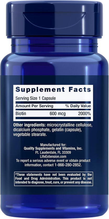 Life Extension Biotin 600 mcg Vitamin B7 Supplement for Hair, Skin & Energy Metabolism – Gluten-Free, Non-GMO – 100 Capsules