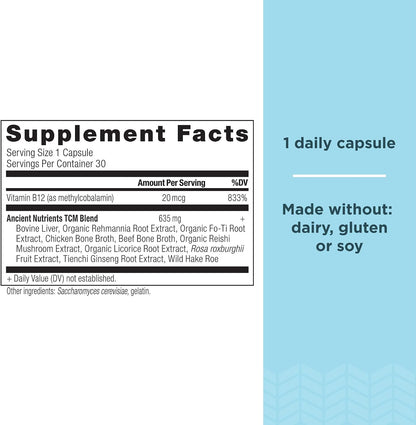 Ancient Nutrition Vitamin B12 Food Supplement – Methylated B12 with Adaptogenic Herbs, 30 Capsules