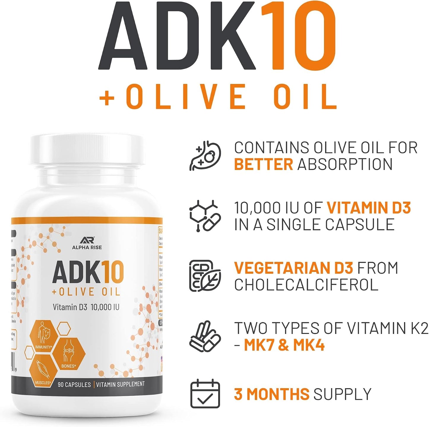 ALPHA RISE ADK 10 Vitamin Supplement + Olive Oil – Vitamins A, D3 (10,000 IU), K2 (MK7+MK4) – 90 Capsules - görsel 3