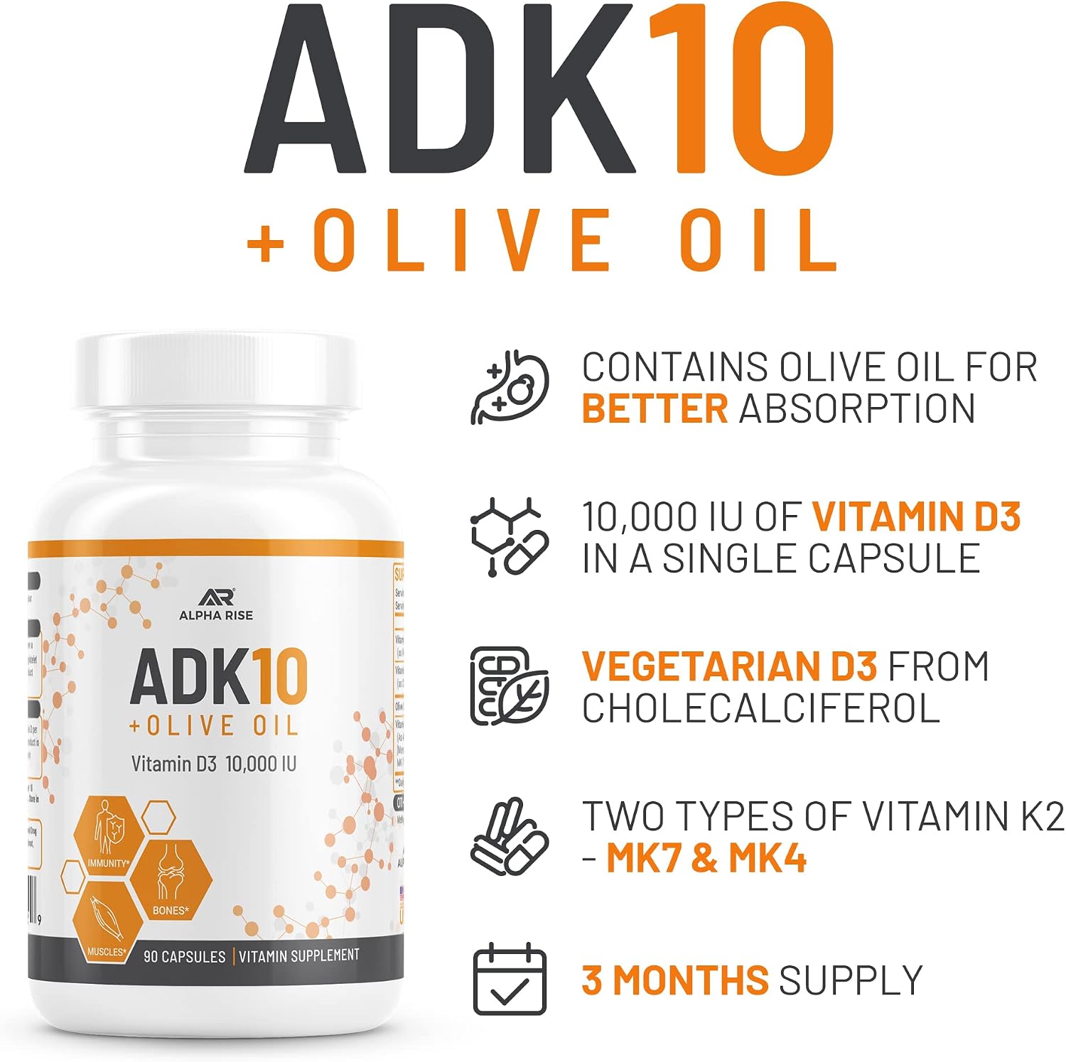 ALPHA RISE ADK 10 Vitamin Supplement + Olive Oil – Vitamins A, D3 (10,000 IU), K2 (MK7+MK4) – 90 Capsules - görsel 3
