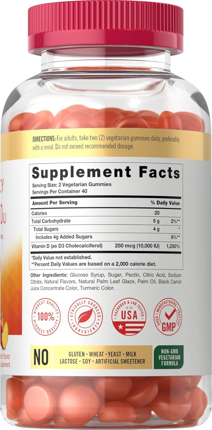 Carlyle Vitamin D3 10000 IU Gummies for Adults - 80 Count, Peach Flavoured, High Potency, Vegetarian, Non-GMO, Gluten-free - görsel 2