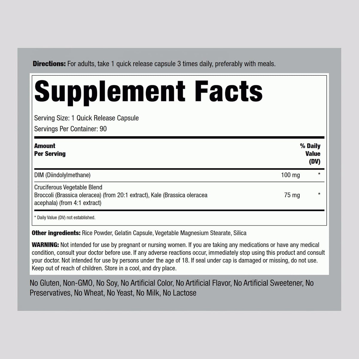 Piping Rock DIM Supplement, 100 mg, 90 Capsules, for Women and Men, Diindolylmethane Complex, Non-GMO, Gluten-free - görsel 2