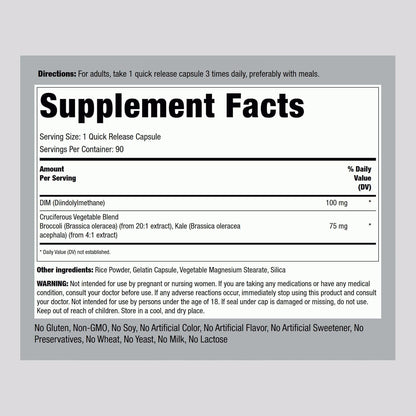Piping Rock DIM Supplement, 100 mg, 90 Capsules, for Women and Men, Diindolylmethane Complex, Non-GMO, Gluten-free
