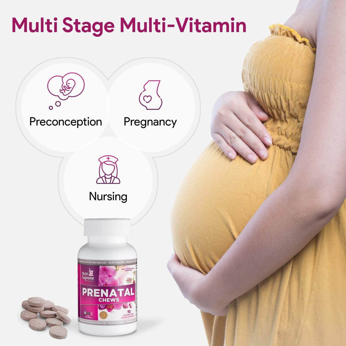 Nutri Supreme Prenatal Vitamin, Chewable Prenatal Vitamins for Women with 800 mcg of Folate, Complete Pregnancy Multivitamin with Iron, Kosher, Cherry Flavour, 90 Count - görsel 5