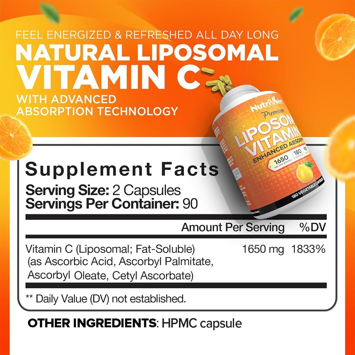 Nutrivein Premium Liposomal Vitamin C Supplement 1650mg - 180 Capsules - görsel 2