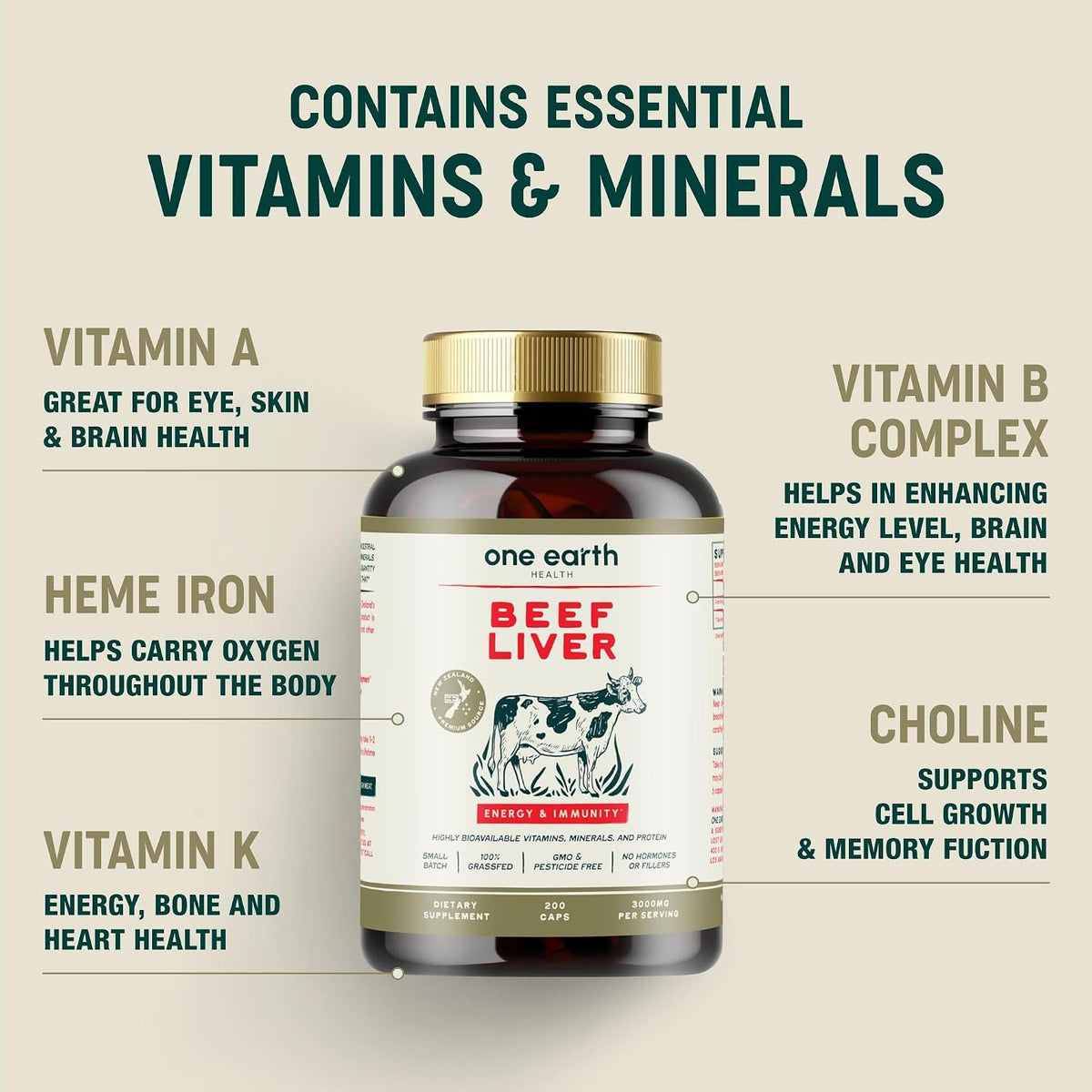 One Earth Health Grass Fed Beef Liver Capsules – New Zealand Desiccated, 3,000mg (200 Capsules) - görsel 3