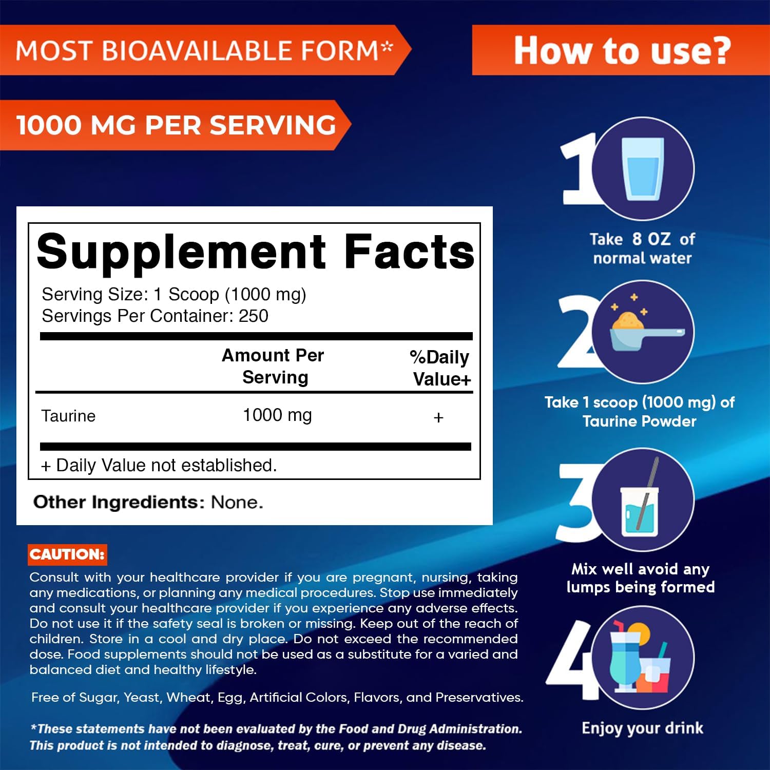 Vitamatic Pure Taurine 1000mg - 250 Servings, Non-GMO, Gluten-free - görsel 2