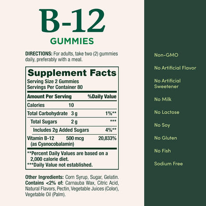 Nature's Bounty Vitamin B12 Gummies, Food Supplement, Contributes to Normal Energy-Yielding Metabolism and Nervous System Function, Mixed Berry Flavour, 500mcg, 160 Count