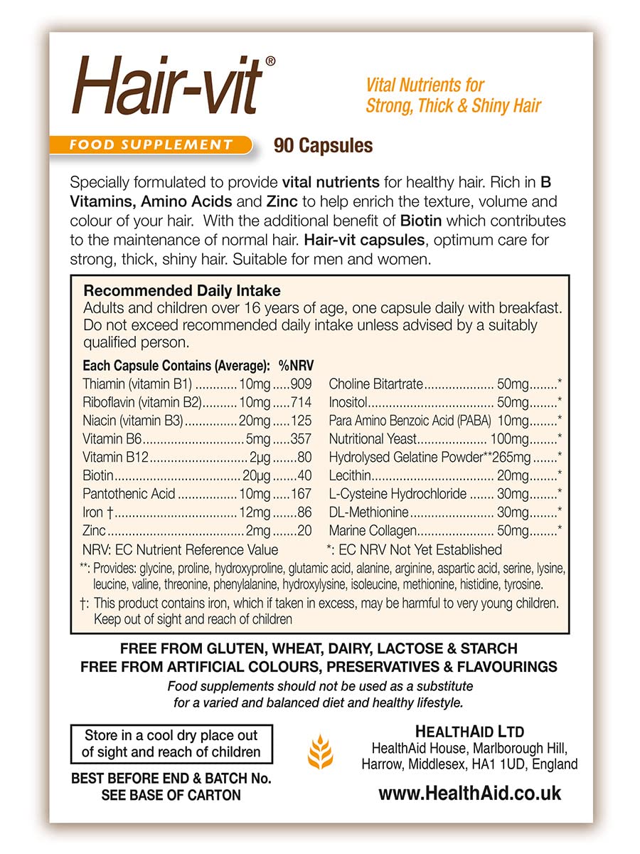 HealthAid Hair-VIT – Hair Support Supplement with Biotin, B-Complex Vitamins and Amino Acids – 90 Capsules - görsel 4