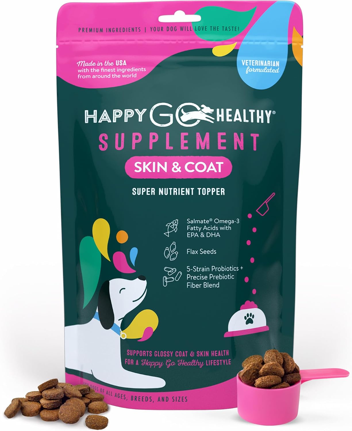 Happy Go Healthy Skin & Coat Supplements for Dogs – All-Natural Probiotic & Omega-3 Dog Food Topper (60 Count) - görsel 1