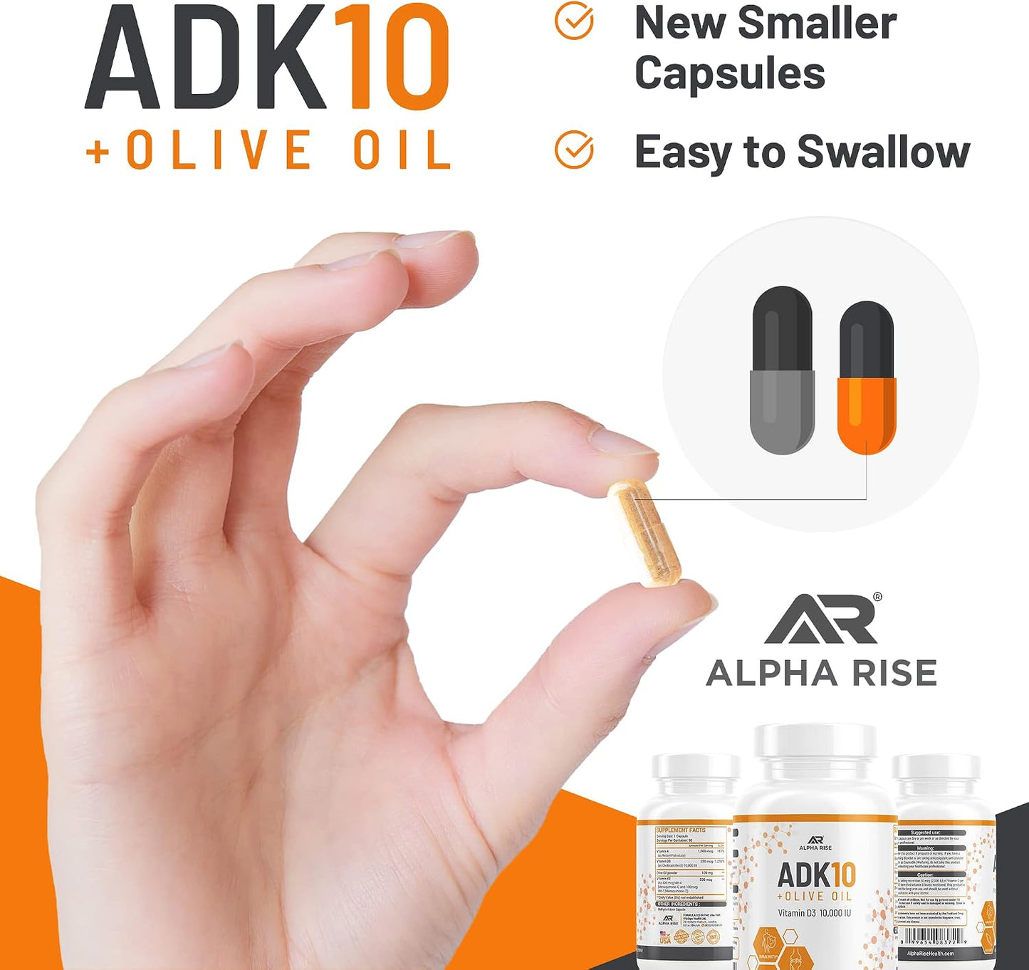 ALPHA RISE ADK 10 Vitamin Supplement + Olive Oil – Vitamins A, D3 (10,000 IU), K2 (MK7+MK4) – 90 Capsules - görsel 2