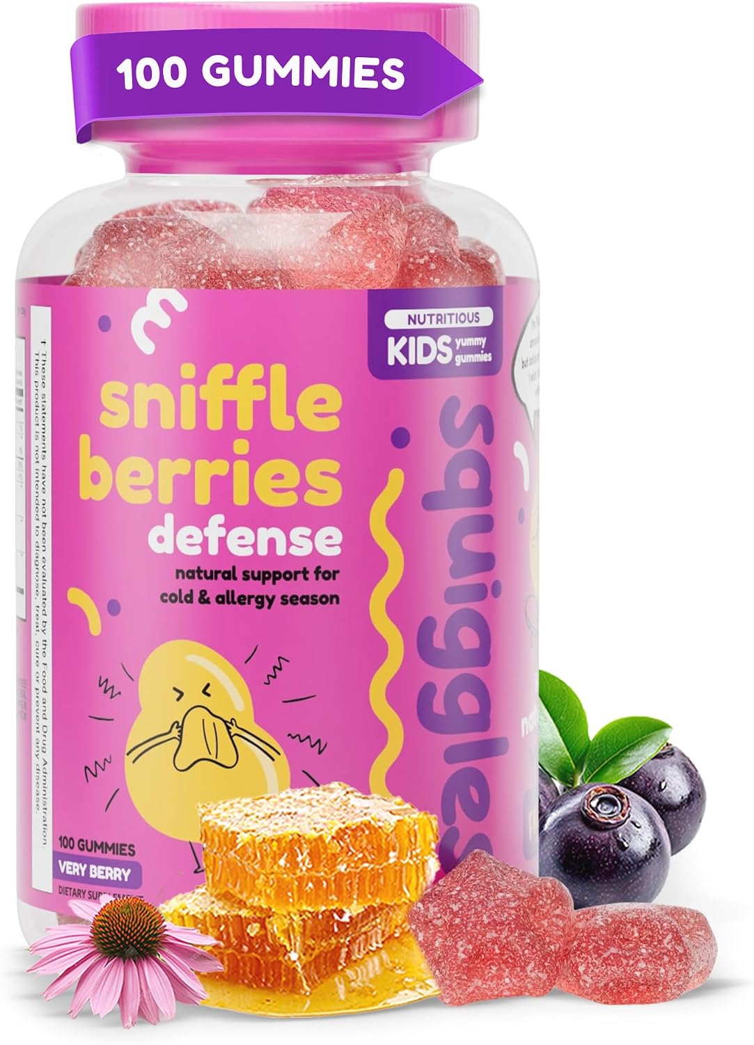 Squiggles Sniffle Berries Elderberry Gummies with Bee Propolis & Echinacea (100 Count) - görsel 1