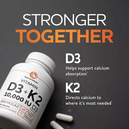 Nobi Nutrition Vitamin D3 K2 – 10,000 IU D3 + 200 mcg K2 (MK-7) – Bone, Immune & Calcium Utilisation Support – 60 Capsules