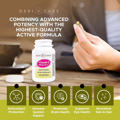 GeriCare High-Potency Vitamin E Capsules – 400 IU for Skin and Immune Support, 180 mg | 100 Count