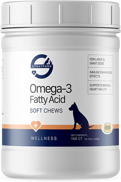 Pharmaceuticals EZ Chew Omega 3 Fatty Acid Soft Chew Max Strength - Dog Omega 3 Supplement - Soft Chew Treats with Fish Oil for Dogs - Large and Giant Dogs - 90 Soft Chews