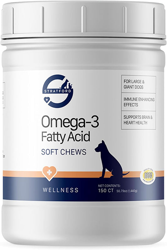 Pharmaceuticals EZ Chew Omega 3 Fatty Acid Soft Chew Max Strength – Dog Omega 3 Supplement – Soft Chew Treats with Fish Oil for Dogs – Large and Giant Dogs – 150 Soft Chews
