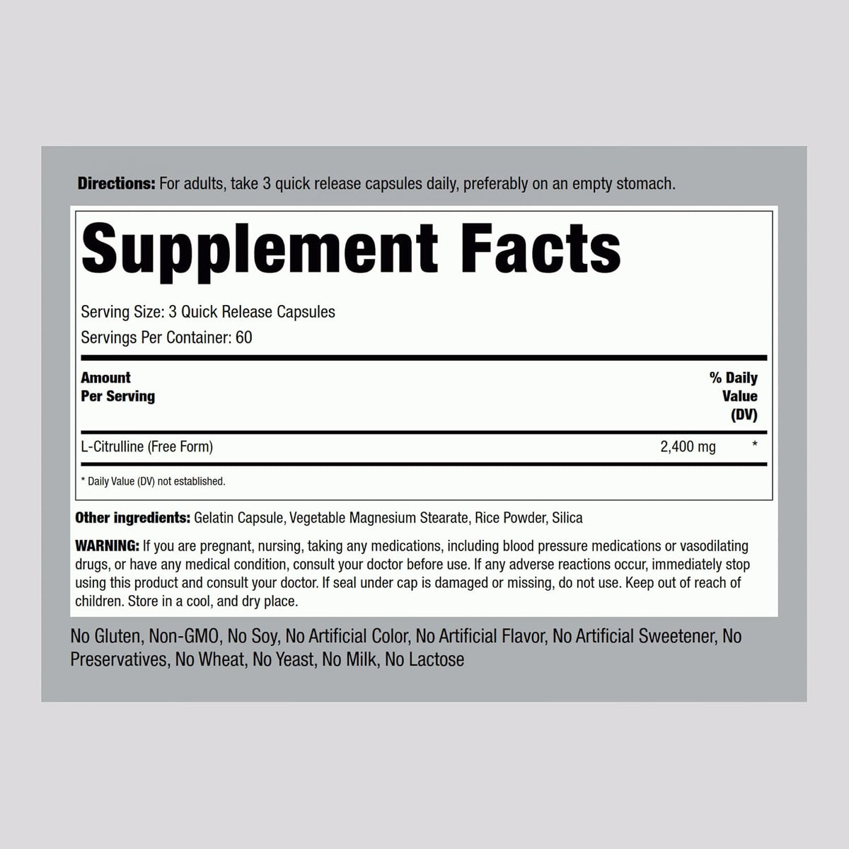 Piping Rock L-Citrulline Supplement for Men and Women | 2400 mg | 180 Capsules | Free-Form Amino Acid | Non-GM, Gluten-free - görsel 2