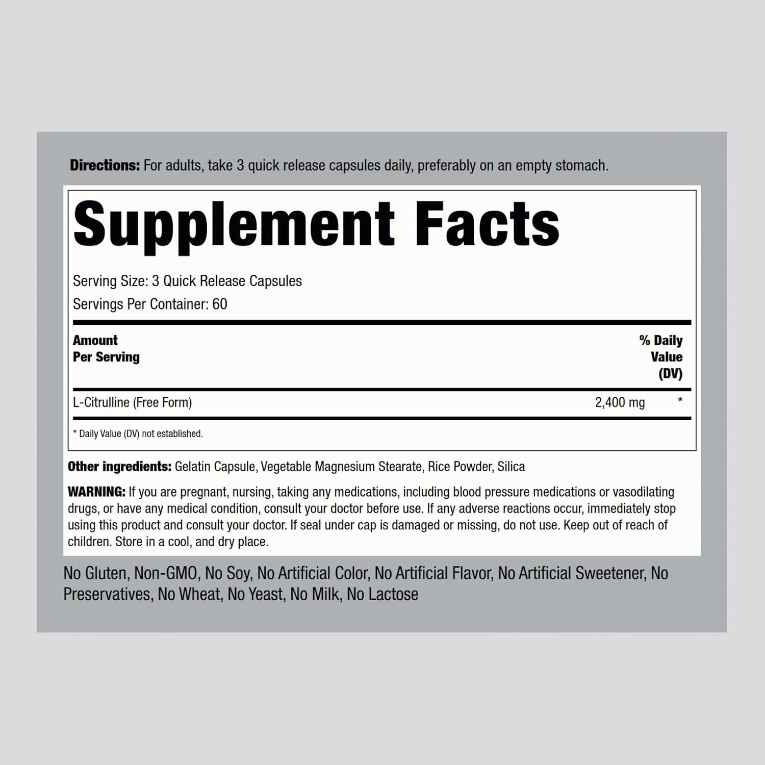 Piping Rock L-Citrulline Supplement for Men and Women | 2400 mg | 180 Capsules | Free-Form Amino Acid | Non-GM, Gluten-free - görsel 2