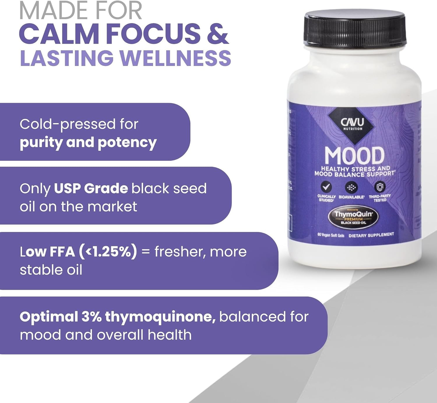 ThymoQuin Mood Support Supplement with Full-Spectrum, Cold Pressed Black Seed Oil with 3% Thymoquinone | Stress, Emotional Balance & Serotonin Support Brain Supplement for Men & Women, 60 Soft gel capsule Capsules - görsel 3
