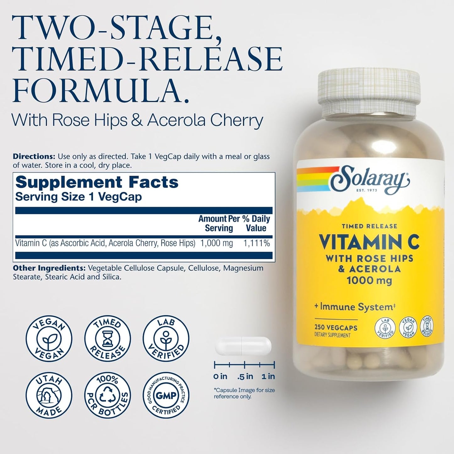 SOLARAY Vitamin C 1000mg - Time Release Capsules with Rose Hips & Acerola - görsel 2