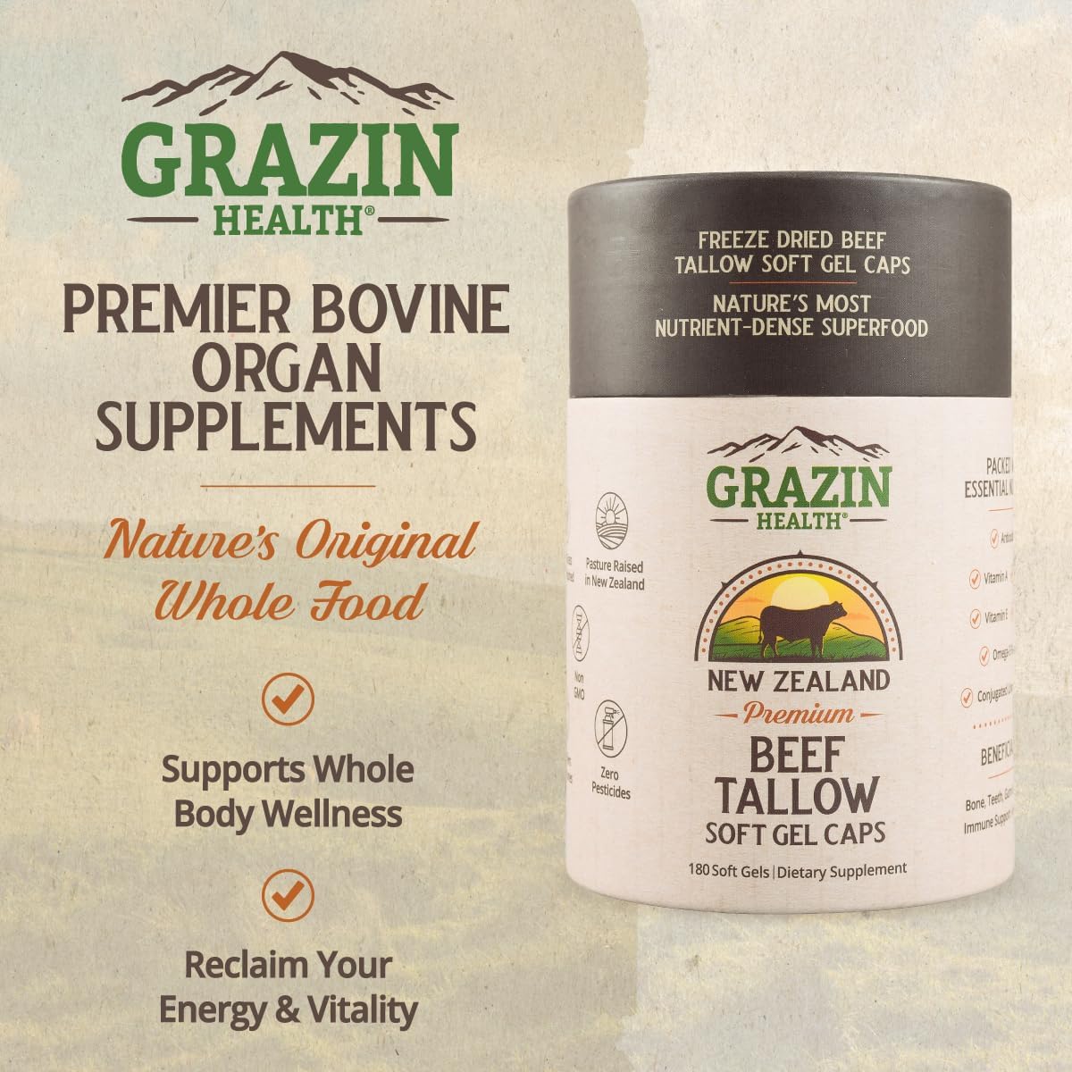 Grass-Fed Beef Tallow Capsules | 3000 mg | Grazin Health - görsel 2