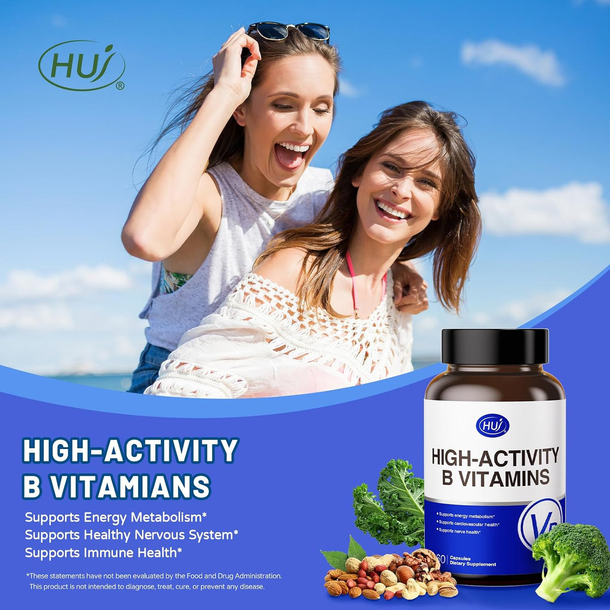 HUJ High-Activity B Vitamins – Contributes to Normal Energy Metabolism and Nervous System Function – Food Supplement with 8 B Vitamins, Inositol and D-Chiro Inositol – 60 Capsules - görsel 4
