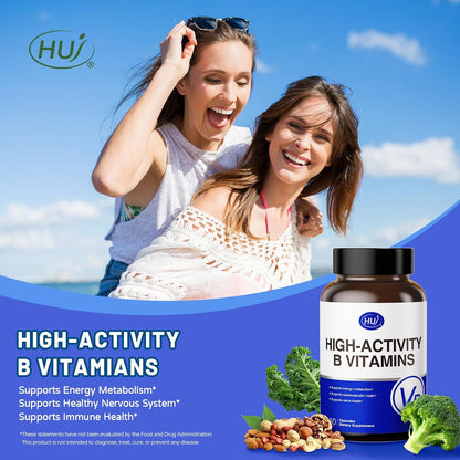 HUJ High-Activity B Vitamins – Contributes to Normal Energy Metabolism and Nervous System Function – Food Supplement with 8 B Vitamins, Inositol and D-Chiro Inositol – 60 Capsules