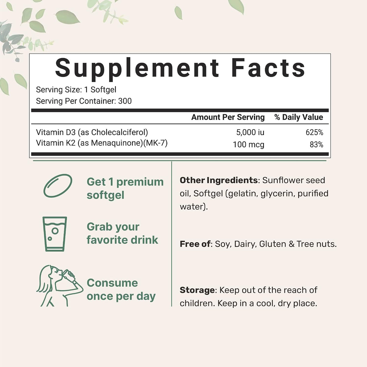 Micro Ingredients Vitamin D3 5,000 IU + K2 MK-7 100 mcg, 2 Pack (600 Softgels) - görsel 2