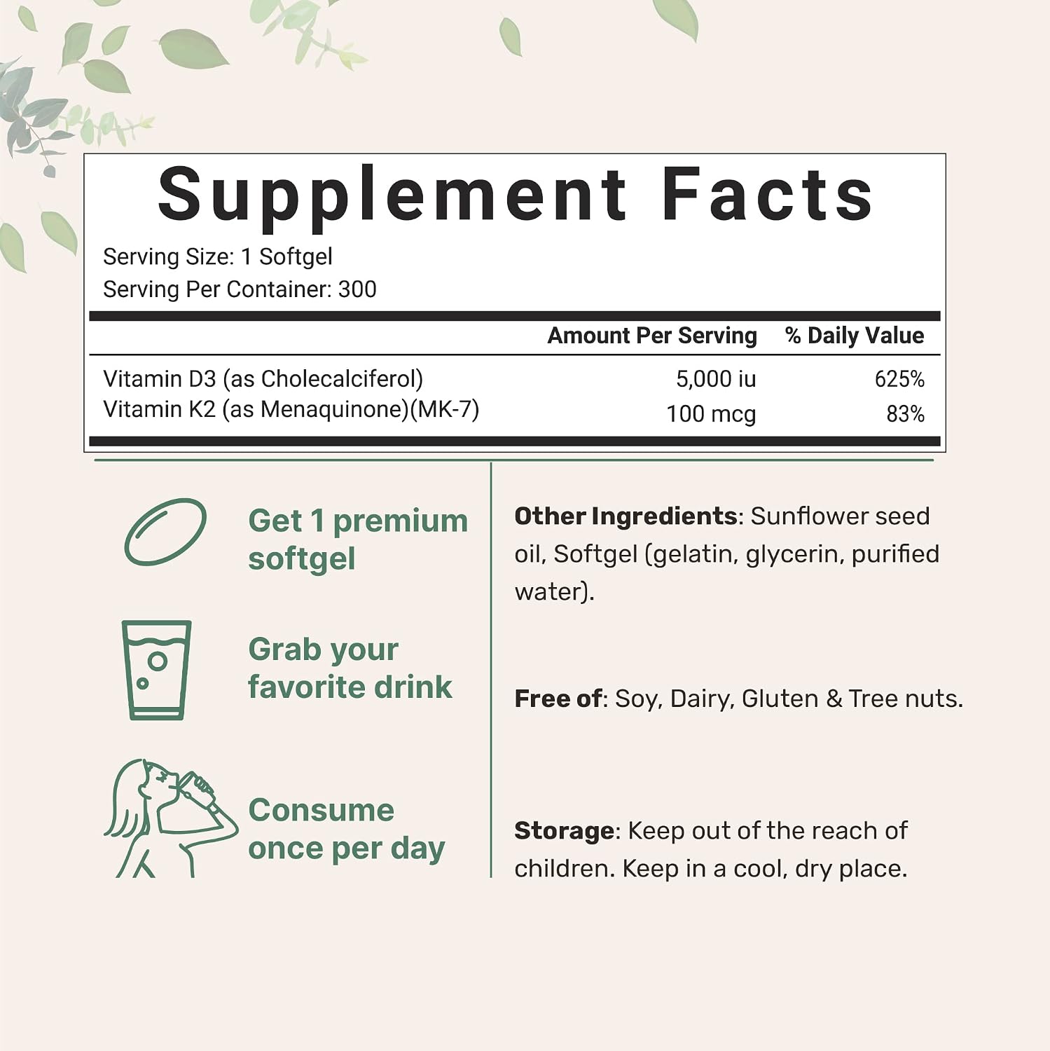 Micro Ingredients Vitamin D3 5,000 IU + K2 MK-7 100 mcg, 2 Pack (600 Softgels) - görsel 2