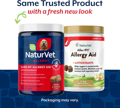 NaturVet Aller-911 Advanced Allergy Aid for Dogs and Cats – Antioxidant-Rich Pet Supplement with Omegas, DHA, EPA – Supports Normal Immune System, Skin Moisture and Coat Health – 180 Soft Chews