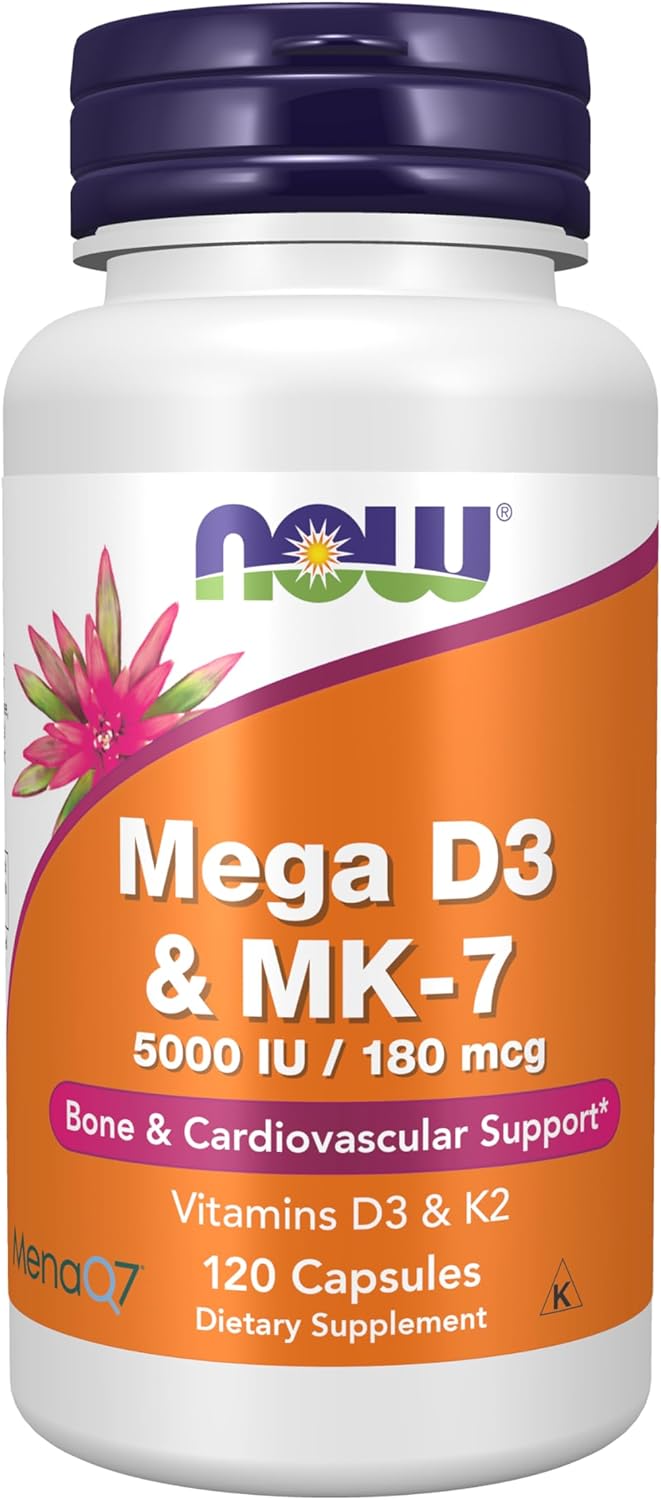 NOW Supplements, Mega D-3 & MK-7, 5000 IU / 180 mcg, Bone & Cardiovascular Support*, Vitamins K-3 & K-2, 120 Capsules - görsel 1