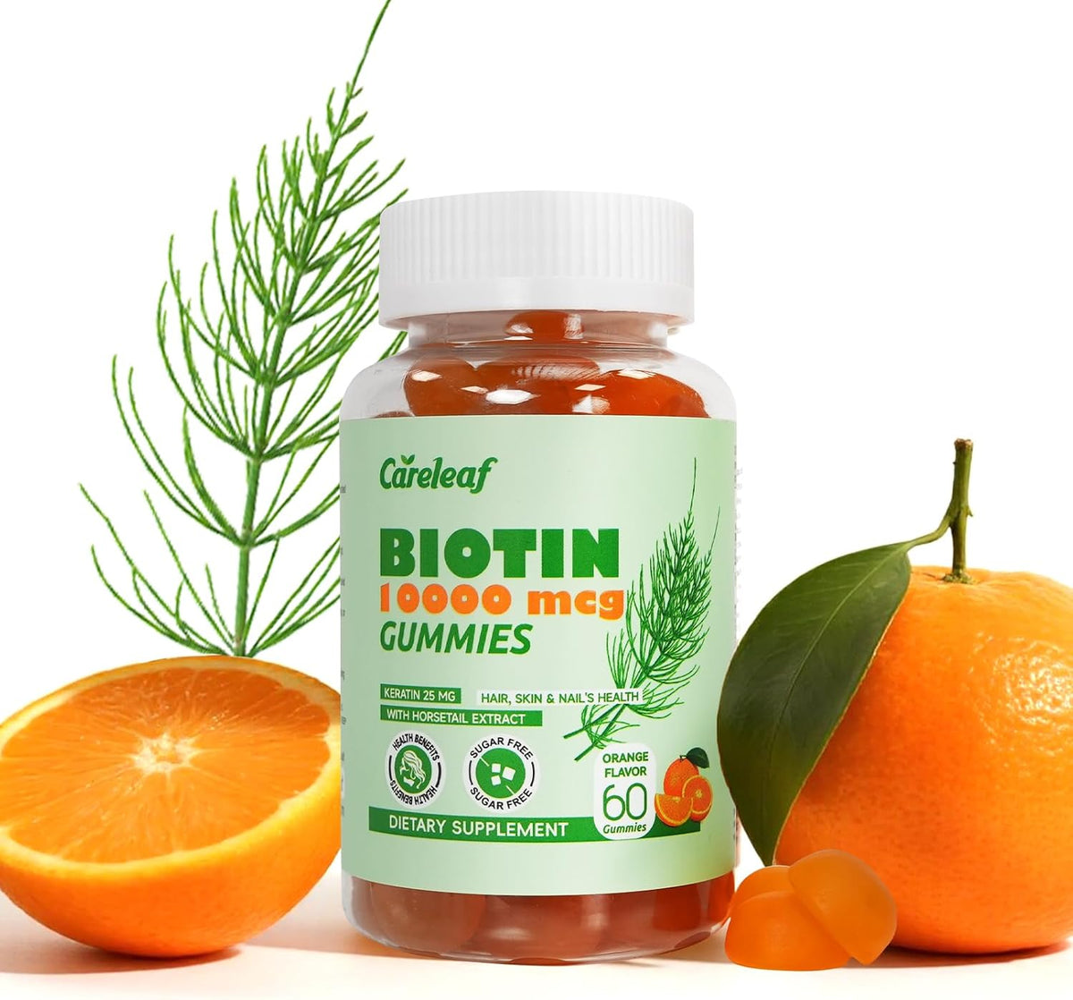 Careleaf Biotin 10000mcg Gummies for Hair, Skin and Nails, with Collagen & Keratin, 60 Count (Orange Flavour) - görsel 1